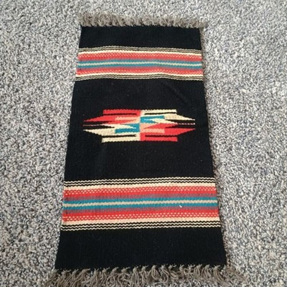 Chimayo Vintage Wool Sampler Small Antique Runner Rug Black 19x10 Hand Woven